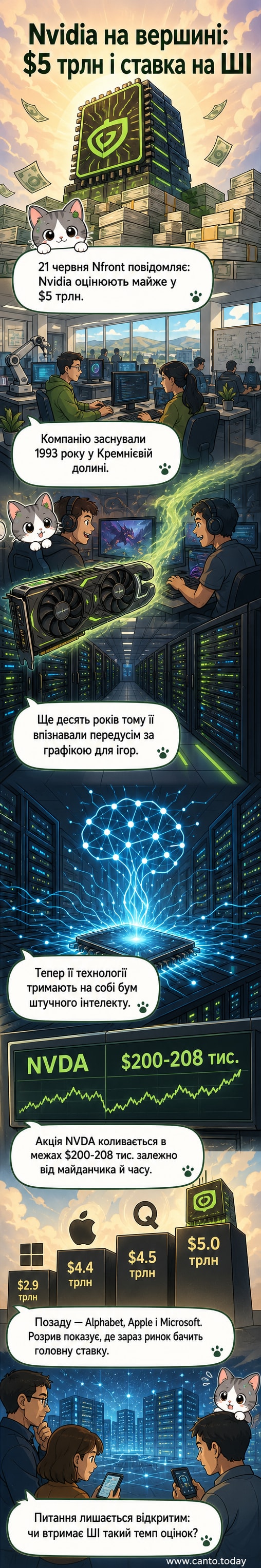Ілюстрація: логотип Nvidia на тлі зростаючого графіка ринкової вартості, що досягає позначки 5 трильйонів доларів.