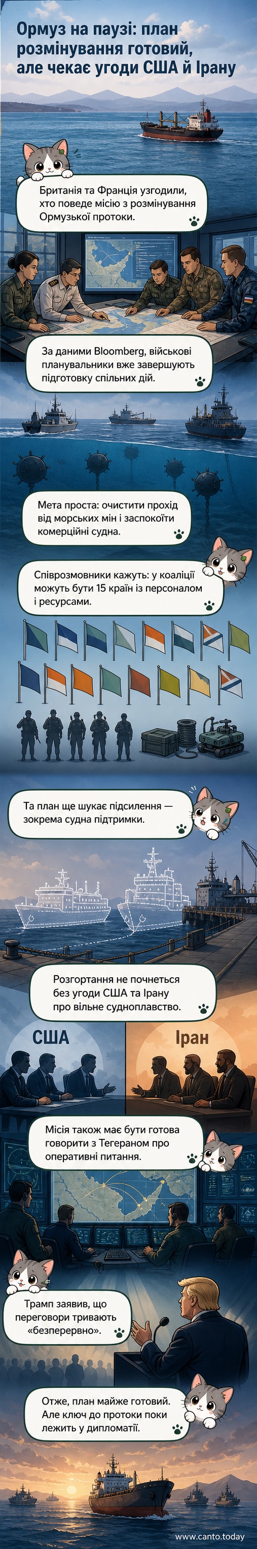 Ілюстрація Ормузької протоки з військовими суднами та піктограмами мін на дні моря, символізуючи міжнародну місію з розмінування під проводом Британії та Франції.