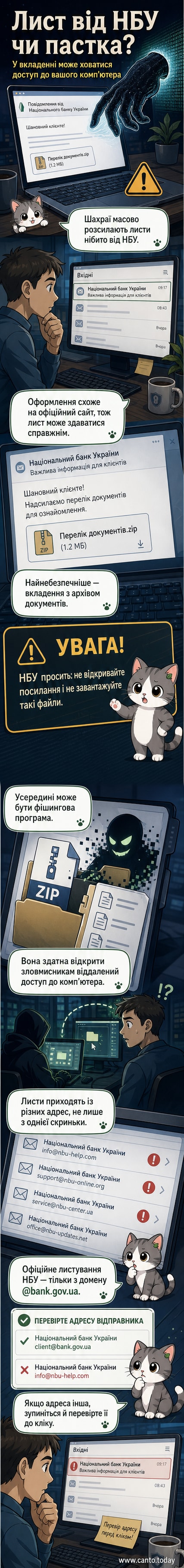 Ілюстрація: підробний лист, що виглядає як офіційне повідомлення від Національного банку України, з позначкою 'фішинг' та червоним прапорцем небезпеки.