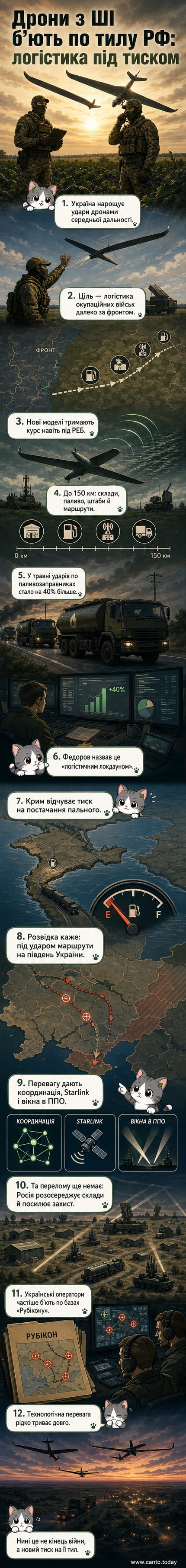 Ілюстрація: український ударний дрон з елементами штучного інтелекту летить над лінією фронту до цілі в глибокому тилу, на фоні картки з маршрутами атак і логістичними вузлами.
