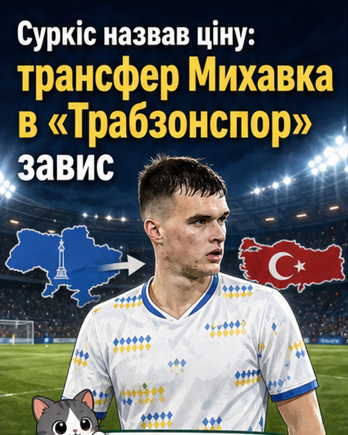 Футбольний м'яч лежить на полі під дощем, на задньому плані — силуети гравців Динамо та Трабзонспора.