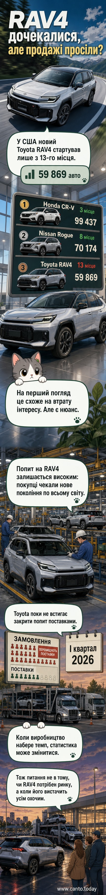Сучасний кросовер Toyota RAV4 шостого покоління на фоні міського пейзажу, з логотипом Toyota та прапорами США та Японії в кутку