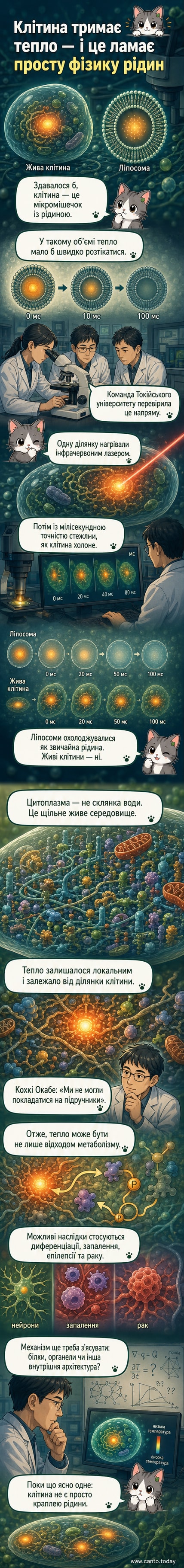 Ілюстрація, що показує, як тепло залишається локальним у живій клітині, але швидко розсіюється в штучній ліпосомі.