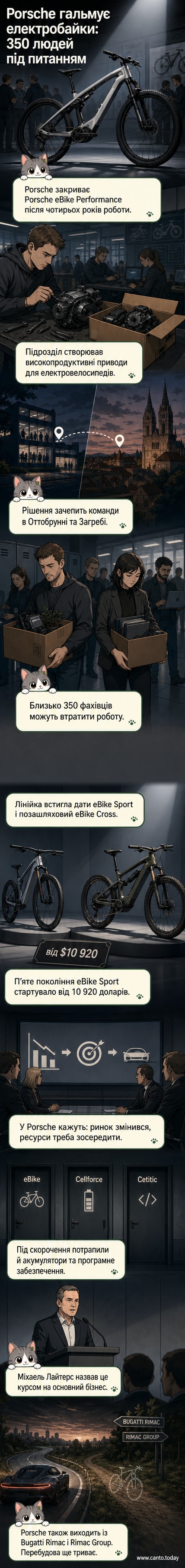 Логотип Porsche на тлі електробайка, який повільно зникає — символ припинення виробництва