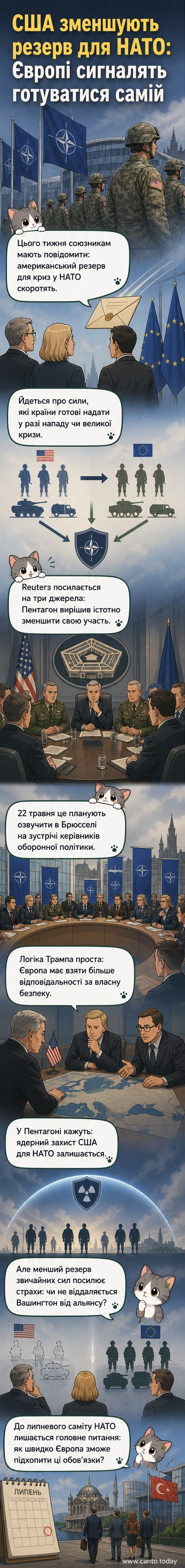 Ілюстрація зі зображенням американського та європейського військових, що стоять біля логотипу НАТО, зі стрілкою, що вказує на зменшення американського внеску