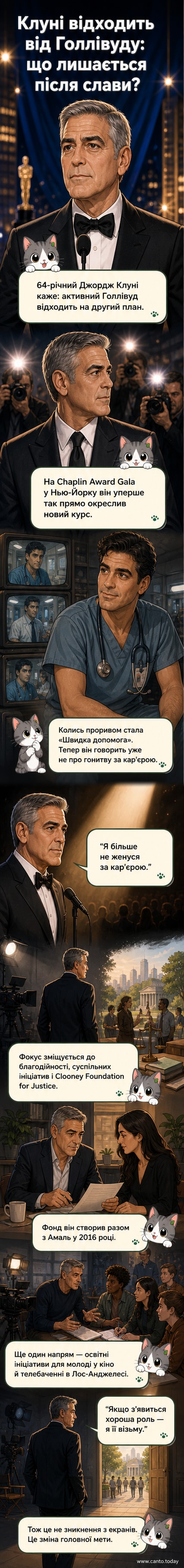 Джордж Клуні на червоній доріжці, дивиться вбік, одягнений у класичний чорний костюм із білою сорочкою