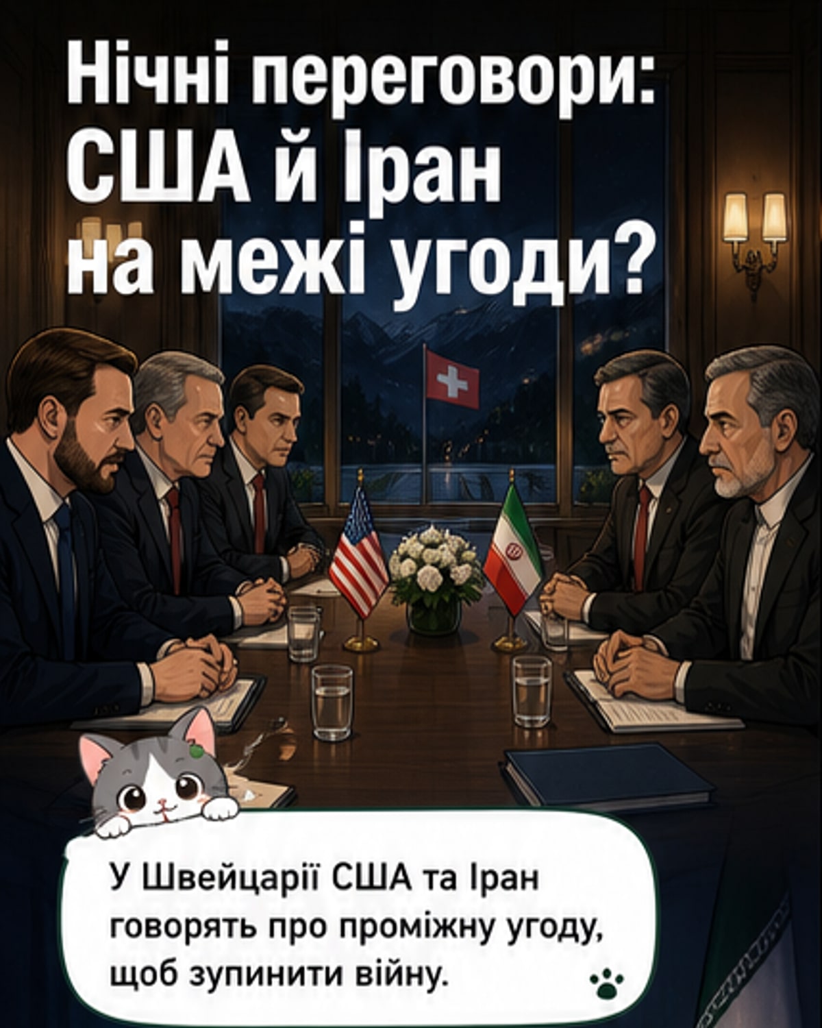 Ілюстрація: дві делегації за переговорним столом у Швейцарії, на фоні — карта Близького Сходу з позначенням Лівану та Ормузької протоки