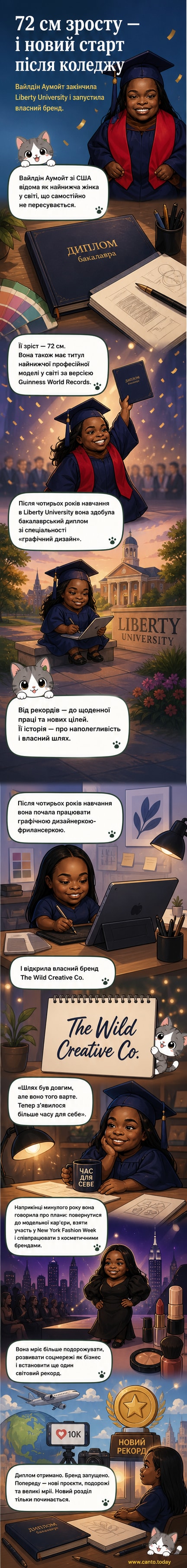Вайлдін Аумойт у темно-синій академічній мантії та капелюсі стоїть перед кампусом, посміхаючись у день випуску. Її зріст — 72 см.