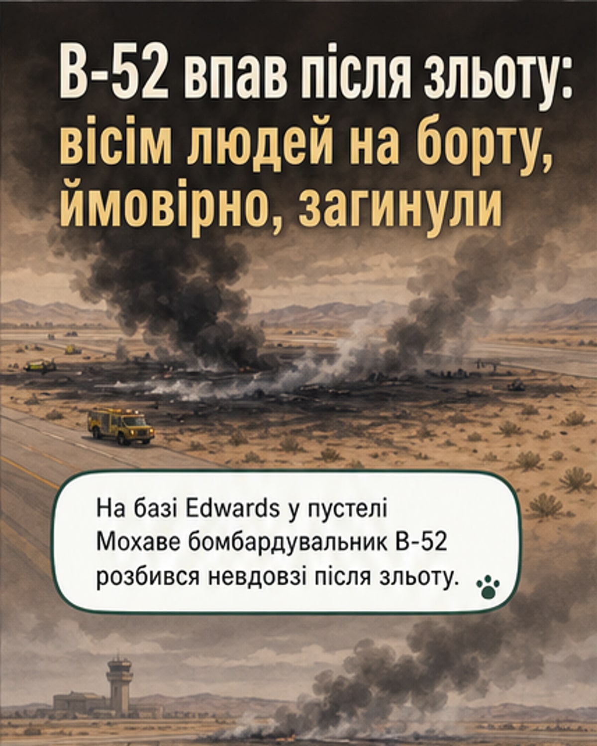 Зруйнований бомбардувальник B-52 у пустелі Мохаве після аварії, чорний дим піднімається з місця падіння, поруч — машини екстрених служб.