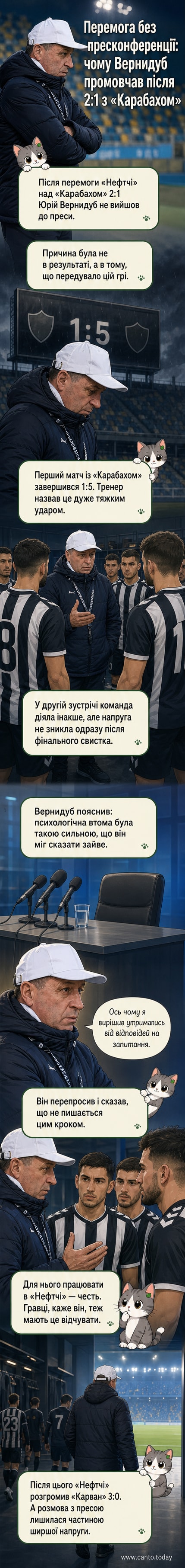 Тренер Юрій Вернидуб стоїть на біговій доріжці стадіону, відвернувшись від камери, зі спокійним, але напруженим виразом обличчя після матчу