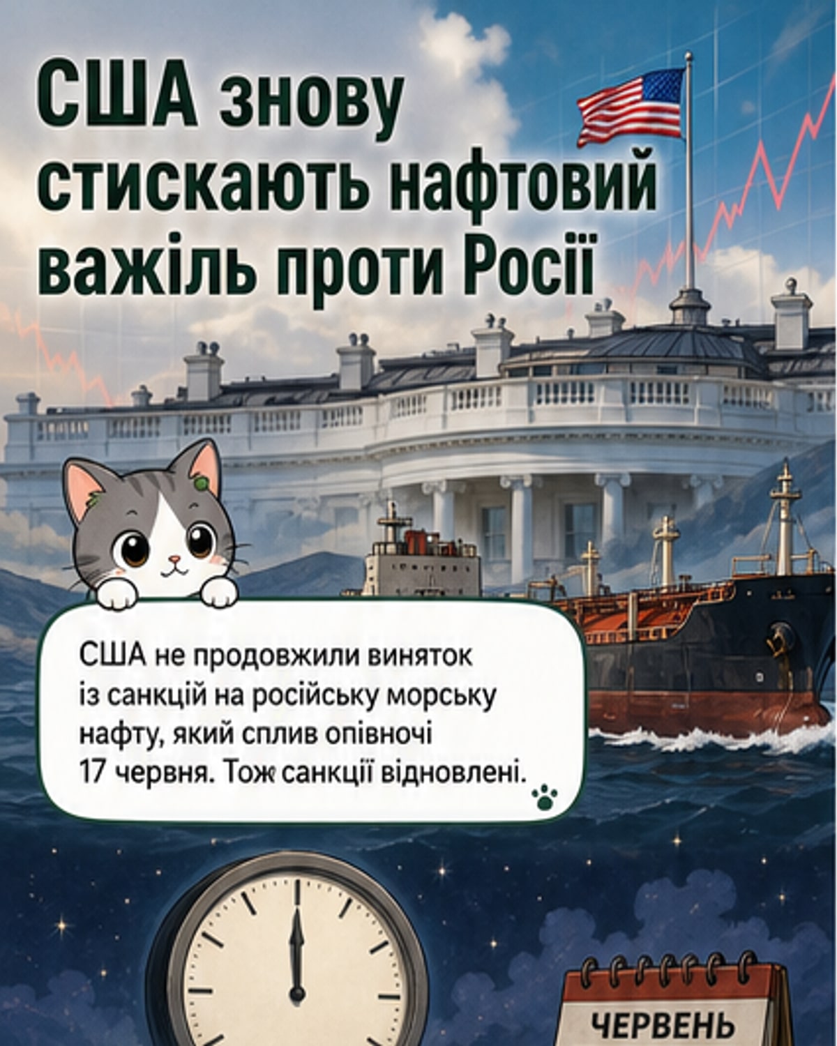 Ілюстрація: нафтовий танкер на фоні прапорів США та Росії, зі знаком заборони над російським прапором