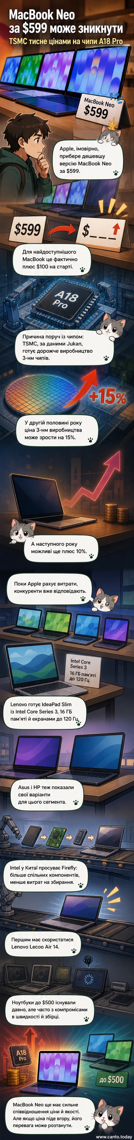 Стилізований малюнок ноутбука MacBook Neo поруч із чипом TSMC, на тлі стрілки, що вказує на зростання ціни