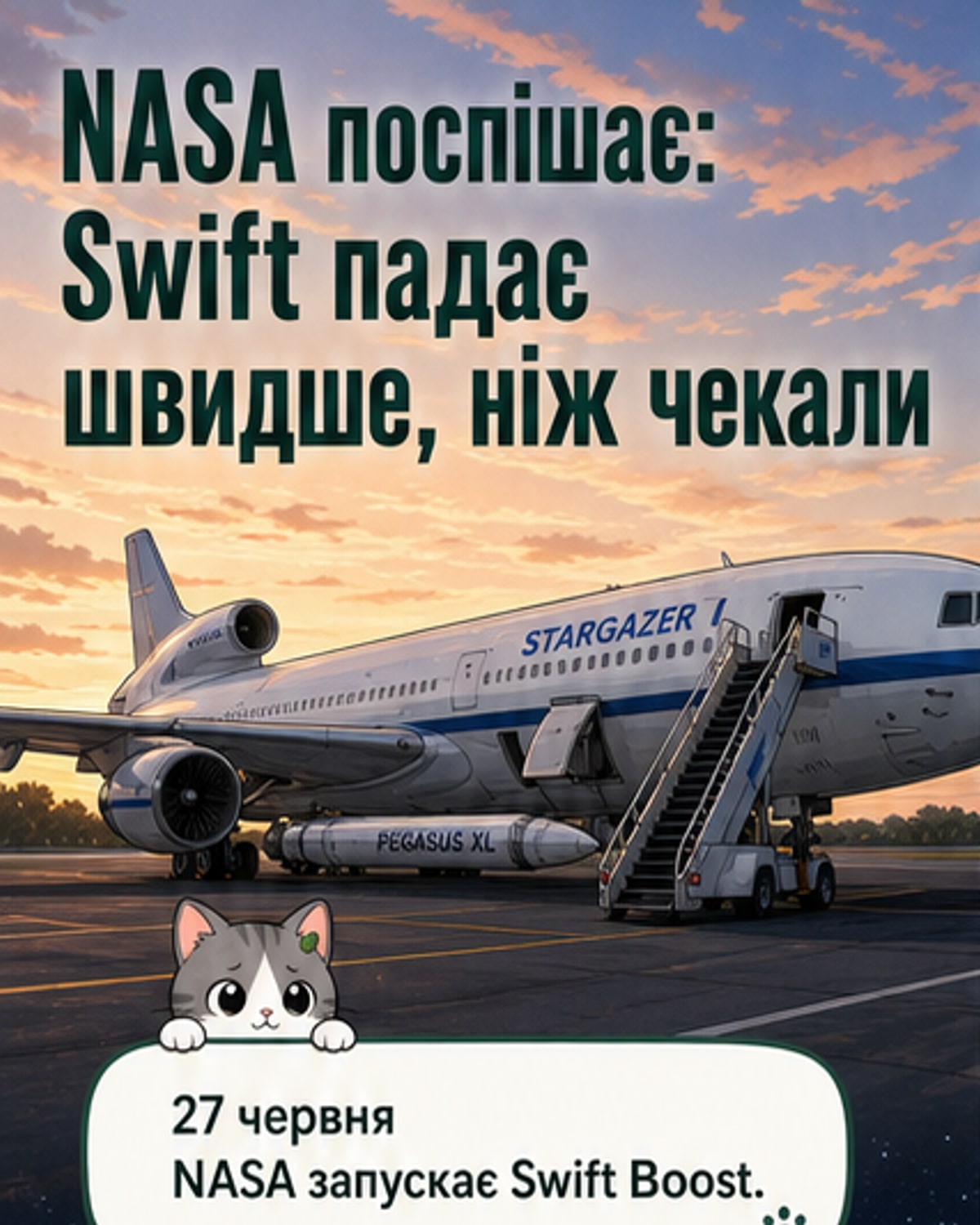 Ілюстрація: роботизований апарат LINK наближається до телескопа Swift на фоні Землі, літак Stargazer піднімає ракету Pegasus XL в атмосферу