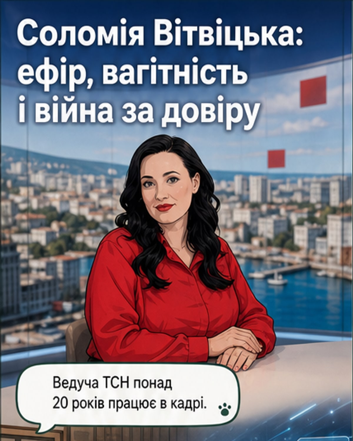 Соломія Вітвіцька у прямому ефірі, посміхається, тримаючи мікрофон, на тлі новинної студії