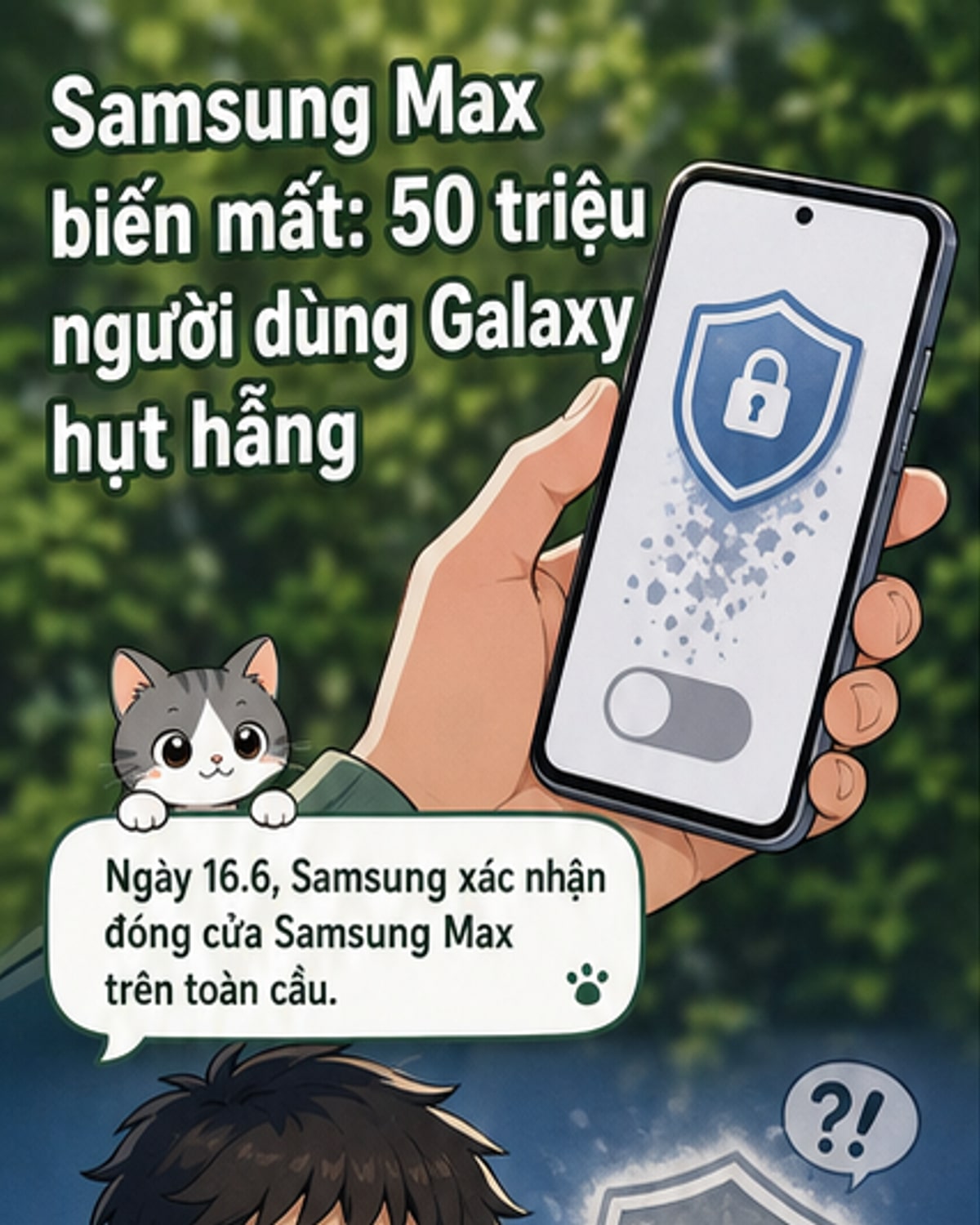 Màn hình điện thoại Galaxy hiển thị thông báo ứng dụng Samsung Max VPN đã ngừng hoạt động, với logo ứng dụng mờ dần.