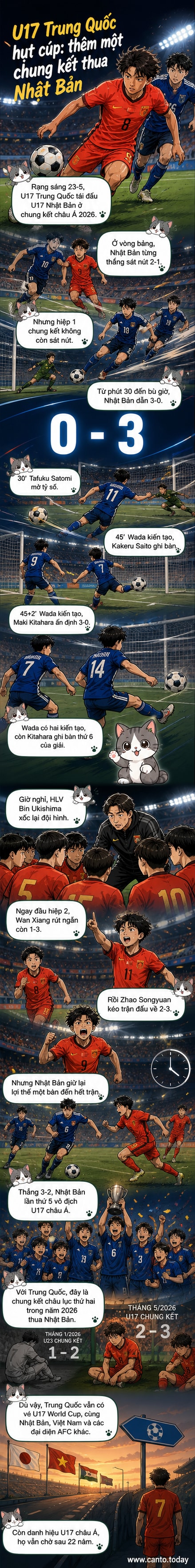 Các cầu thủ U17 Nhật Bản ăn mừng chiến thắng trước U17 Trung Quốc trong trận chung kết U17 châu Á 2026, với cầu thủ áo đỏ (Trung Quốc) đứng nhìn.