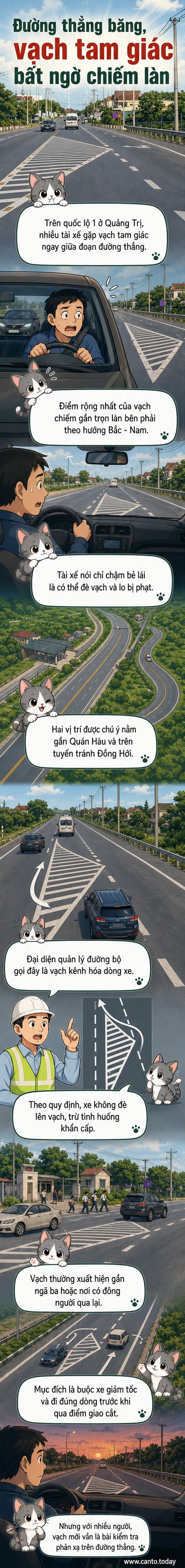 Hình ảnh minh họa vạch kẻ đường hình tam giác chiếm trọn làn đường bên phải trên quốc lộ 1 tại Quảng Trị, khiến các xe phải bẻ lái bất ngờ.
