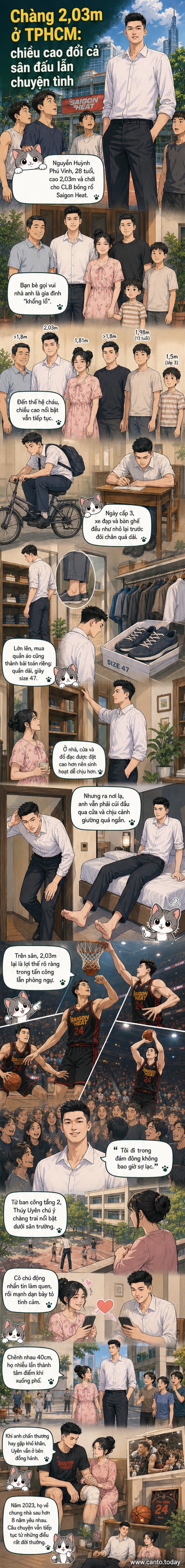Hình ảnh minh họa chàng trai cao 2,03m bên vợ 1,63m, tay trong tay, nụ cười rạng rỡ, thể hiện câu chuyện tình yêu vượt chênh lệch chiều cao.