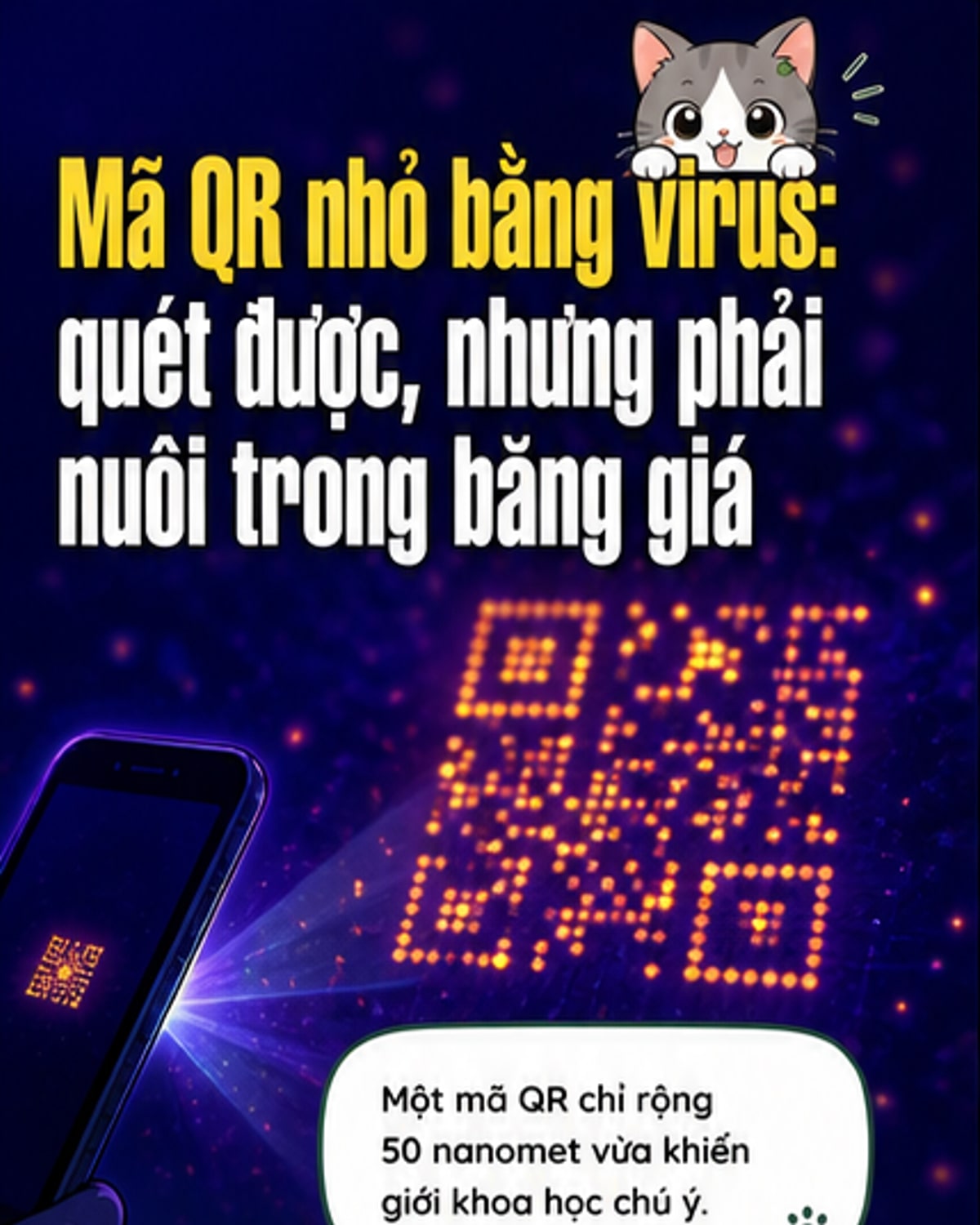 Minh họa mã QR siêu nhỏ dưới kính hiển vi, kích thước tương đương virus SARS-CoV-2, với các điểm ảnh là nguyên tử bạc
