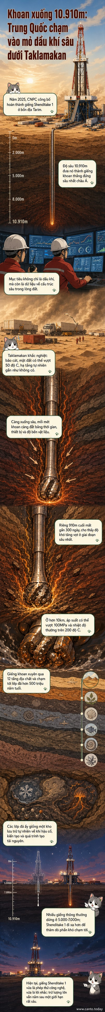 Minh họa giếng khoan siêu sâu Shenditake 1 tại sa mạc Taklamakan, xuyên qua nhiều tầng địa chất xuống độ sâu hơn 10.000m, với thiết bị khoan hoạt động trong điều kiện nhiệt độ và áp suất cực cao.