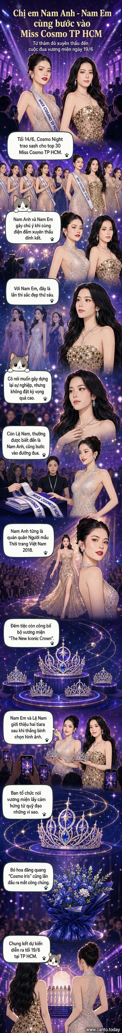 Nam Anh và Nam Em diện đầm xuyên thấu lấp lánh, sải bước trên thảm đỏ sự kiện trao sash Miss Cosmo TP HCM, ánh đèn sân khấu làm nổi bật thiết kế táo bạo và đường cong cơ thể.