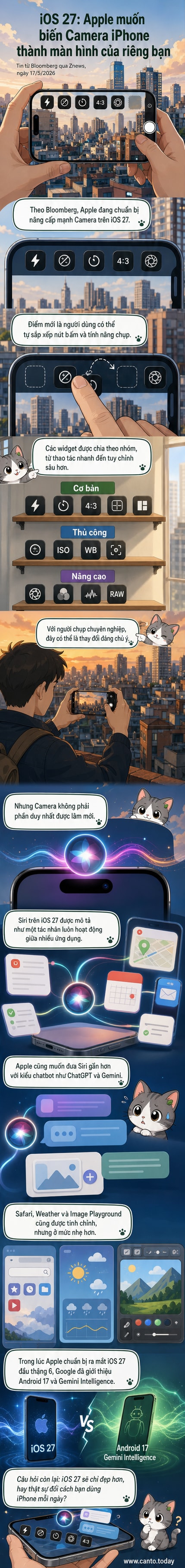 Minh họa giao diện camera và Siri trên iOS 27 với tùy biến widget và thiết kế chatbot