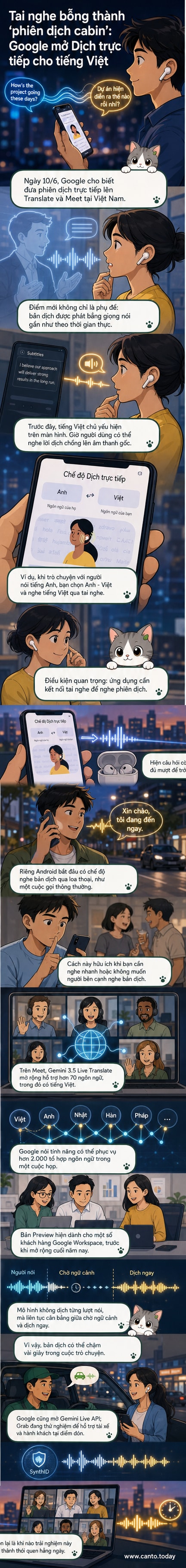 Giao diện ứng dụng Google Translate hiển thị tính năng Dịch trực tiếp, với hai ngôn ngữ Anh và Việt được chọn, minh họa cho khả năng phiên dịch thời gian thực.