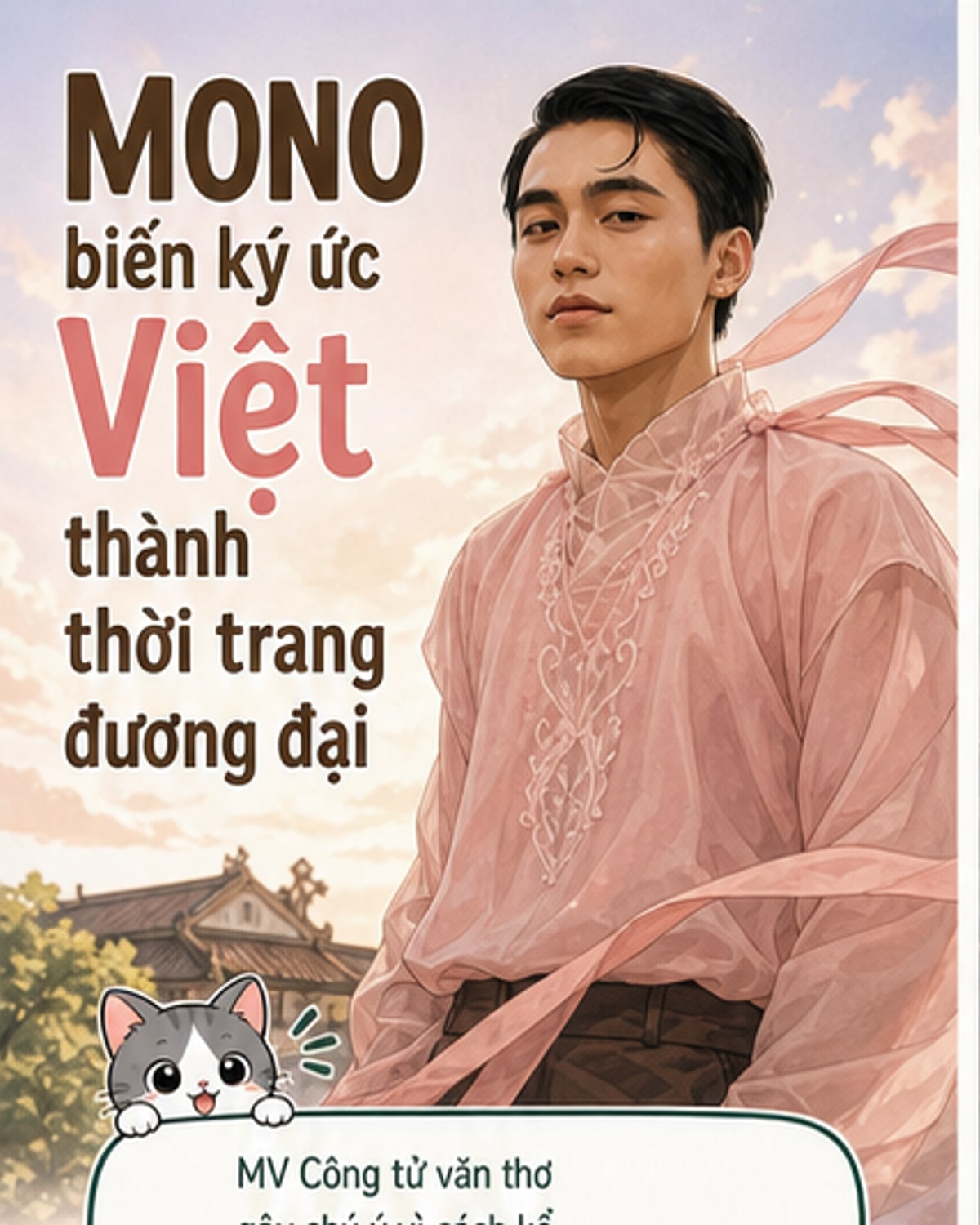 Hình ảnh trang phục trong MV 'Công tử văn thơ' của MONO, lấy cảm hứng từ diều giấy, quạt nan và khảm sứ, kết hợp giữa truyền thống và hiện đại.