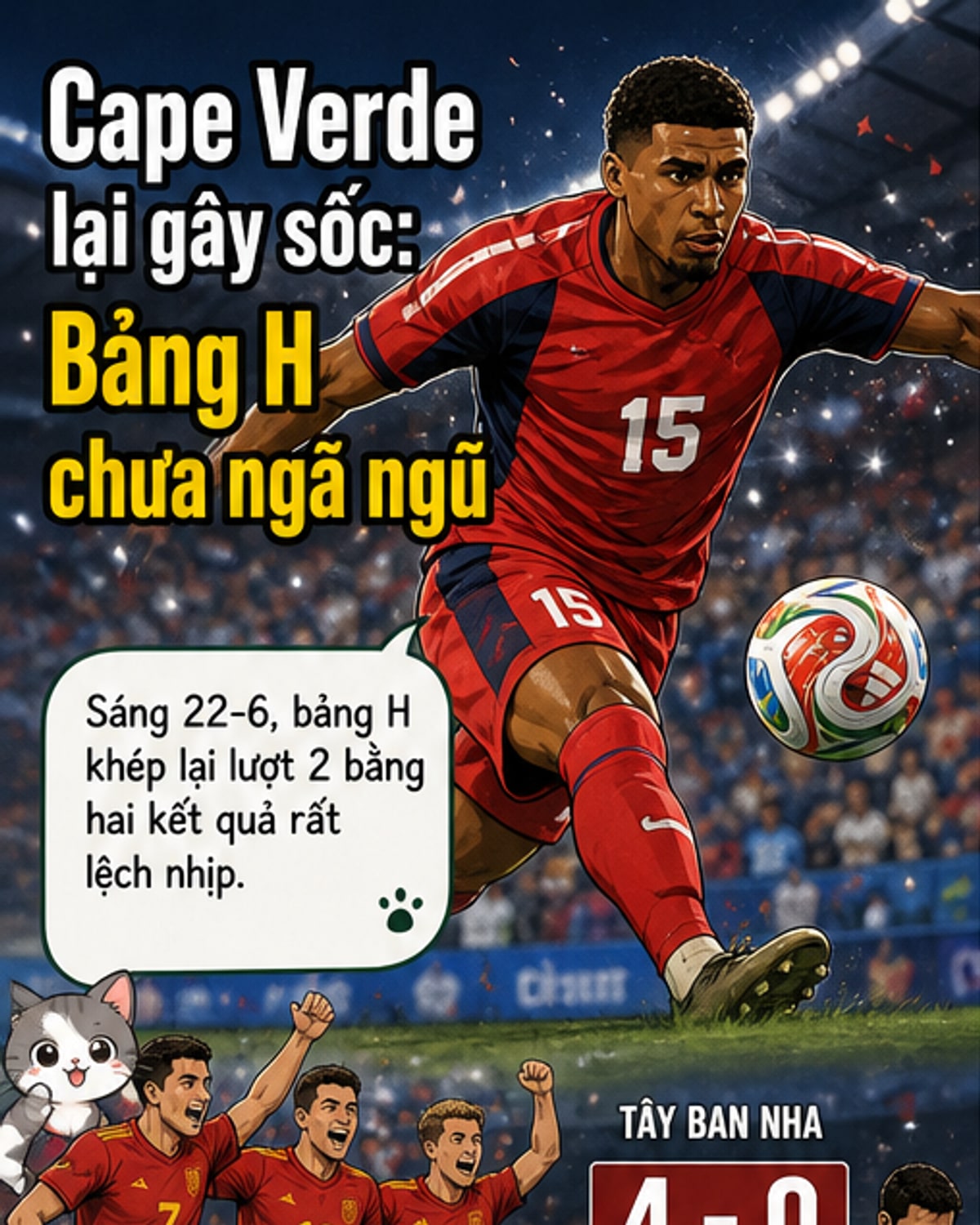 Bảng xếp hạng bảng H World Cup 2026 với Tây Ban Nha dẫn đầu, tiếp theo là Uruguay, Cape Verde và Saudi Arabia ở vị trí cuối.