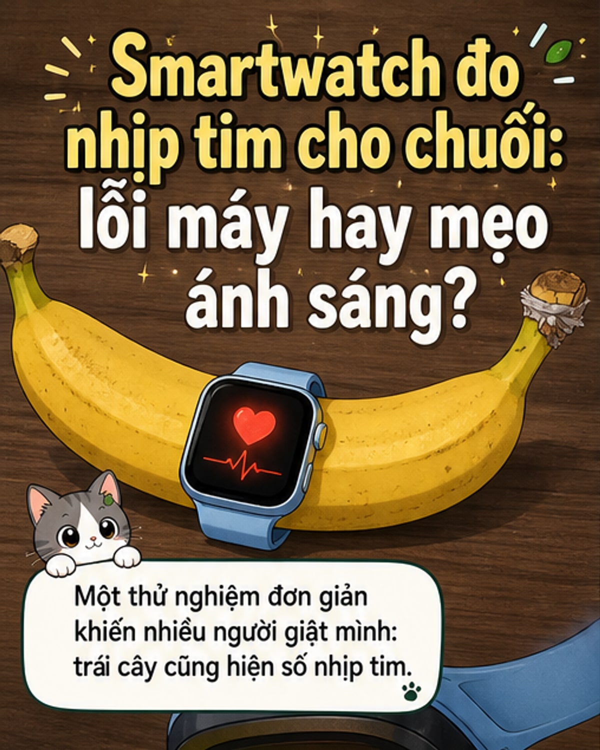 Hình minh họa một chiếc smartwatch được đeo quanh quả chuối và quả kiwi, với các chỉ số nhịp tim hiển thị trên màn hình.