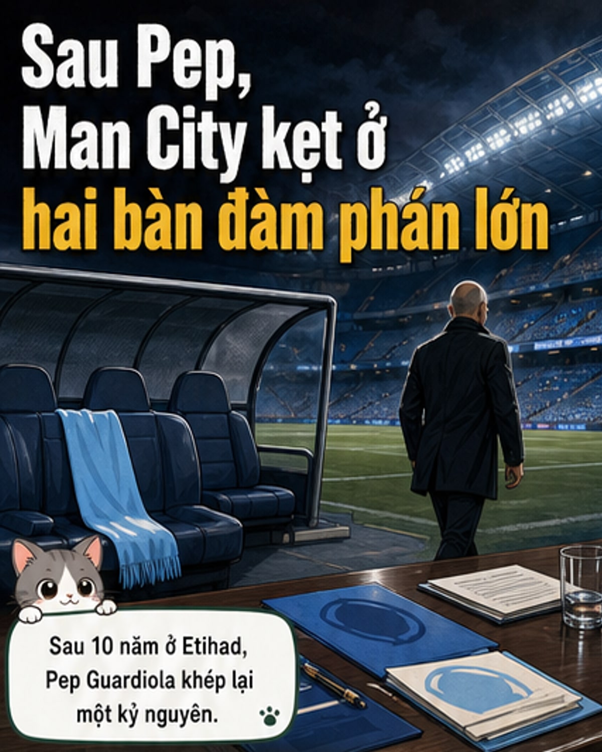 Hình ảnh minh họa hai thương vụ chuyển nhượng quan trọng của Man City: HLV Enzo Maresca và tiền vệ Elliot Anderson, với bối cảnh sân Etihad và các biểu tượng đàm phán bồi thường, mức phí cao.