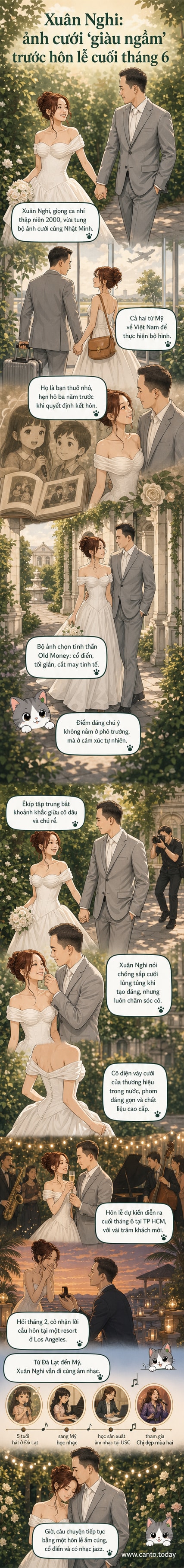 Xuân Nghi trong trang phục cô dâu cổ điển, dạo bước cùng chồng sắp cưới trong khuôn viên phim trường ở Tây Ninh, phong cách ảnh cưới mang tinh thần Old Money.