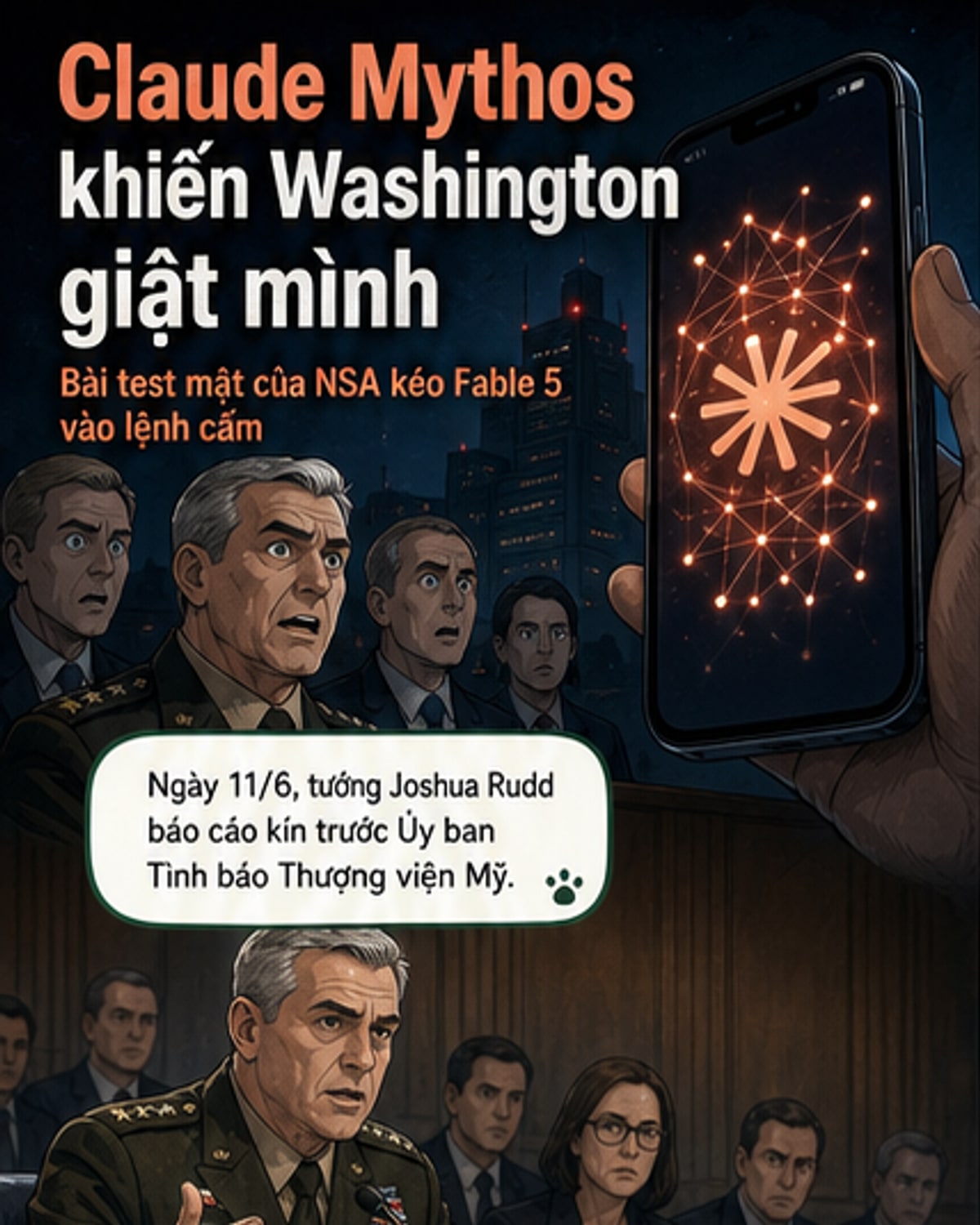 Minh họa mô hình AI Claude xâm nhập hệ thống bảo mật của NSA với giao diện kỹ thuật số và cảnh báo an ninh nhấp nháy