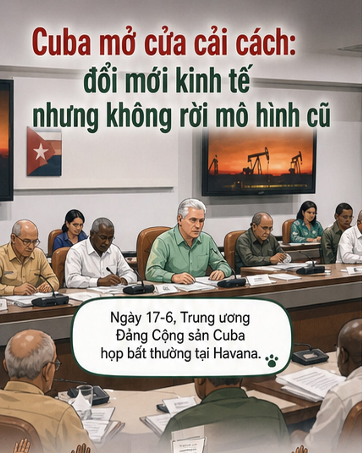Hình ảnh hội nghị bất thường của Ban Chấp hành Đảng Cộng sản Cuba tại Havana, với Chủ tịch Miguel Díaz-Canel ngồi hàng đầu, xung quanh là các lãnh đạo cấp cao trong trang phục chính trị viên.