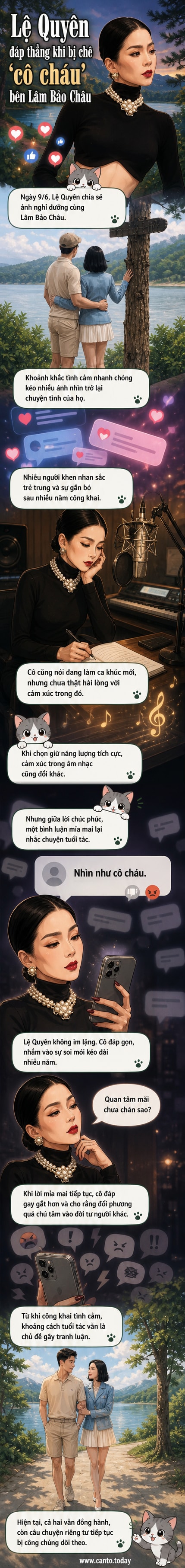 Lệ Quyên và Lâm Bảo Châu đứng cạnh nhau trong khung cảnh thiên nhiên, thể hiện sự thân mật giữa cặp đôi có chênh lệch tuổi tác.