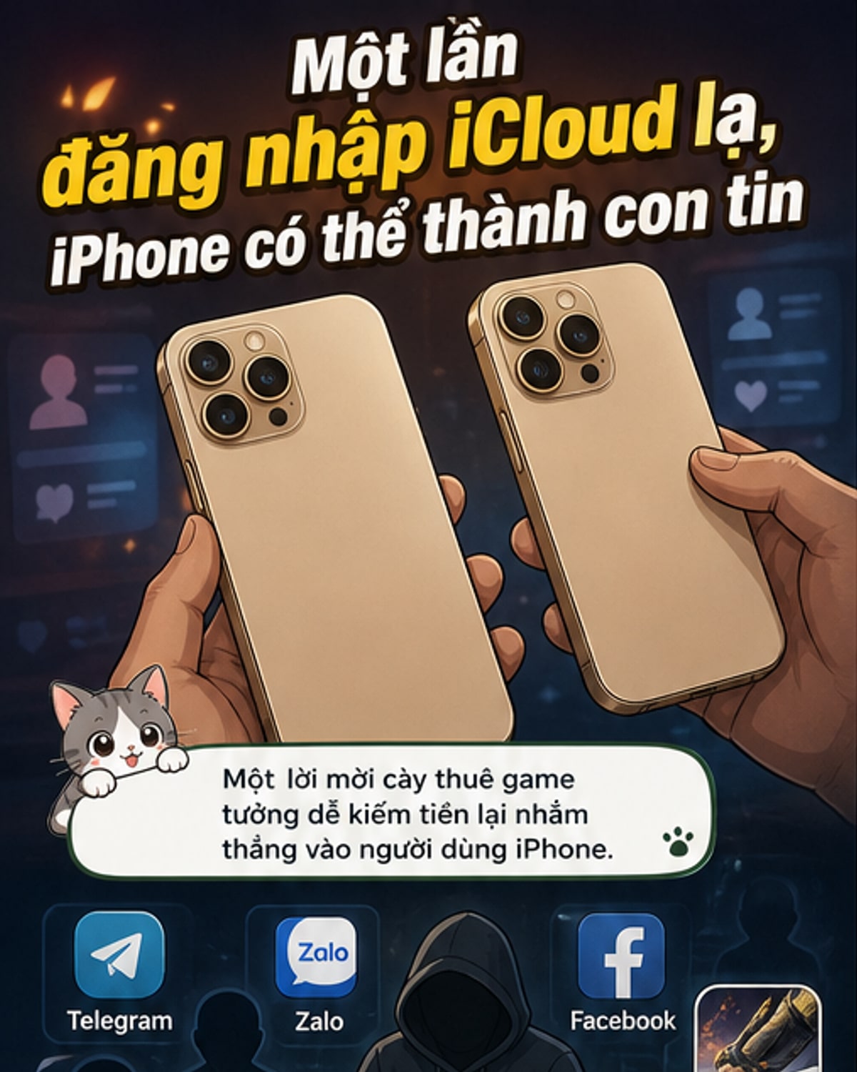 Minh họa một chiếc iPhone bị khóa màn hình với biểu tượng cảnh báo và đồng tiền ảo, xung quanh là các biểu tượng mạng xã hội như Zalo, Facebook và Telegram.