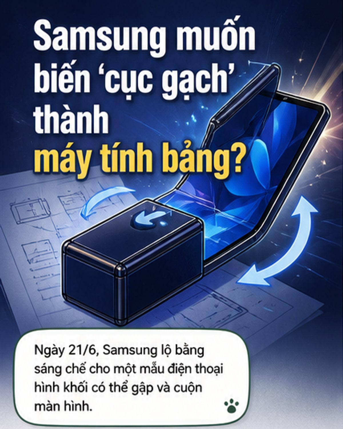 Minh họa điện thoại hình khối của Samsung có thể kéo dài thành màn hình lớn, dựa trên bằng sáng chế mới