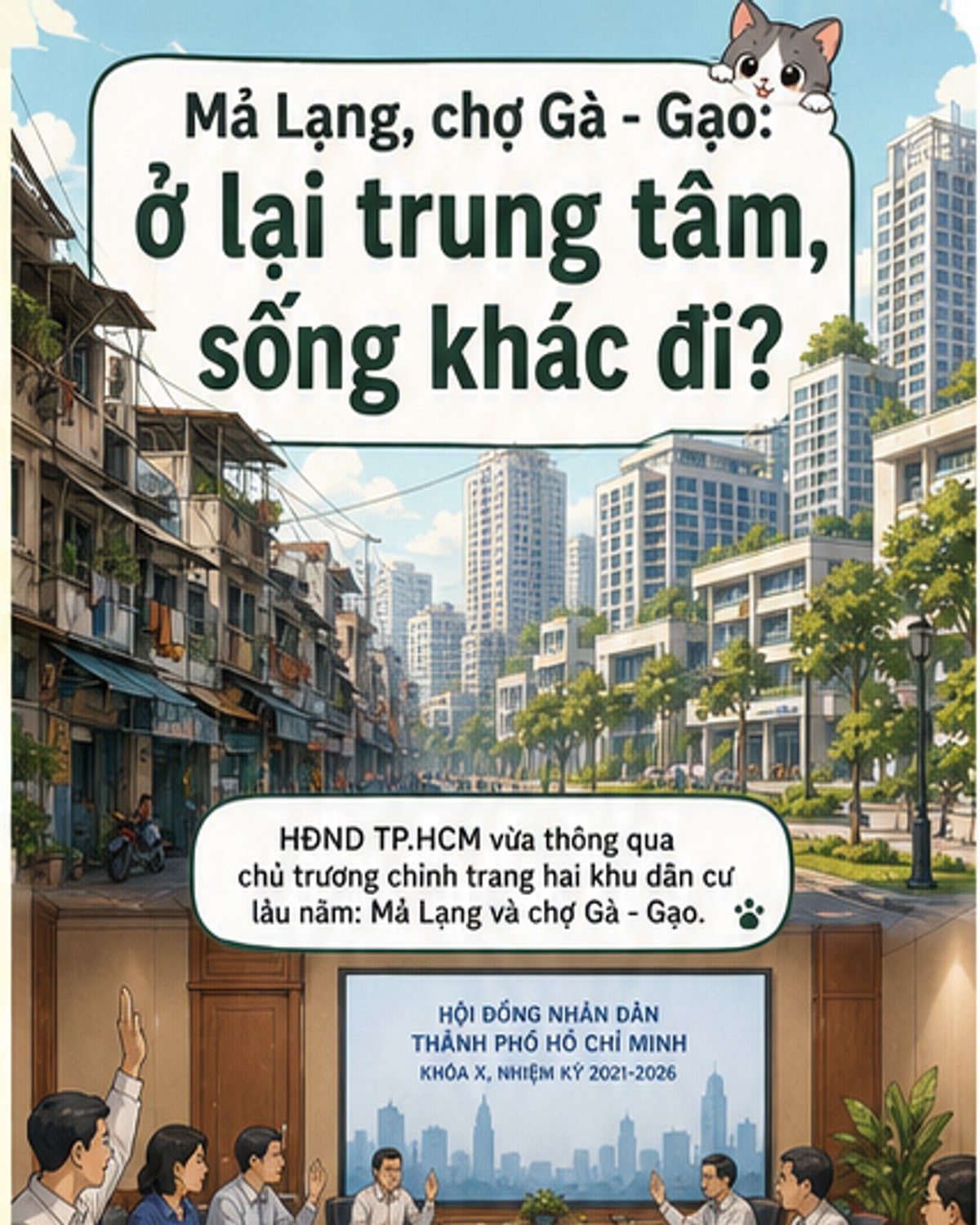 Phối cảnh khu nhà ở hiện đại sau chỉnh trang tại khu Mả Lạng và chợ Gà - Gạo, với chung cư cao tầng, trường học, công viên cây xanh và khu dân cư khang trang.