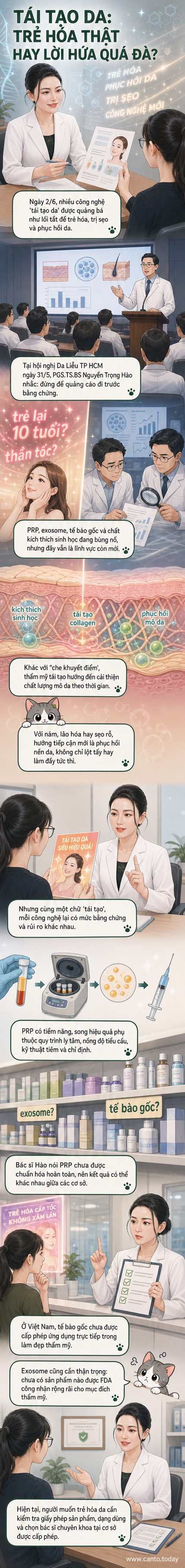 Bác sĩ tư vấn cho bệnh nhân về liệu pháp tái tạo da, với hình ảnh minh họa cấu trúc da và các công nghệ như PRP, exosome.