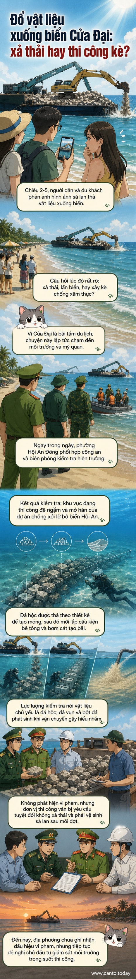 Hình ảnh sà lan thả đá xuống biển trong quá trình thi công kè chống xói lở tại bãi tắm Cửa Đại, Đà Nẵng, kèm cảnh báo từ người dân trên mạng xã hội.