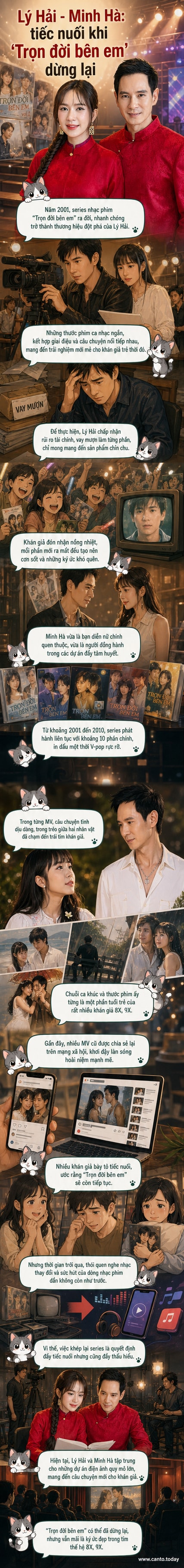 Cặp đôi Lý Hải và Minh Hà trong trang phục nhân vật từ series phim ca nhạc 'Trọn đời bên em', đứng cạnh nhau trong khung cảnh hành động, ánh sáng sân khấu huyền ảo