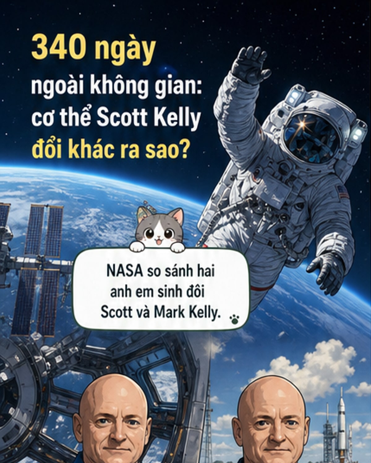 Hai phi hành gia song sinh Mark và Scott Kelly trong trang phục vũ trụ, minh họa cho nghiên cứu về tác động của không gian lên cơ thể con người.