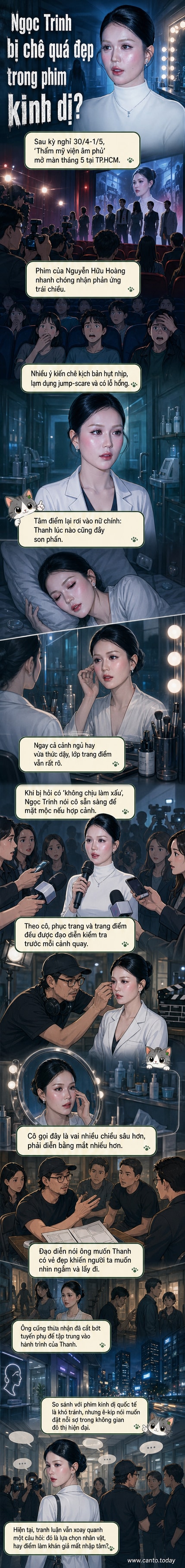 Ngọc Trinh trong tạo hình nhân vật bác sĩ thẩm mỹ, gương mặt trang điểm đậm, đứng trong không gian phòng khám tối tăm.