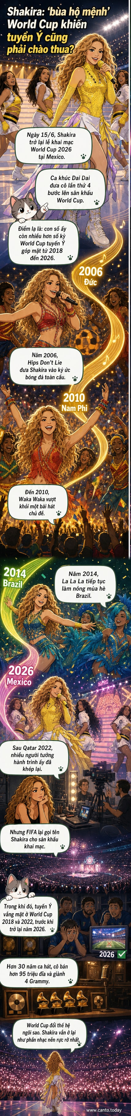Shakira biểu diễn trên sân khấu lễ khai mạc World Cup 2026 với trang phục sôi động, nền nhạc rộn ràng và ánh sáng rực rỡ