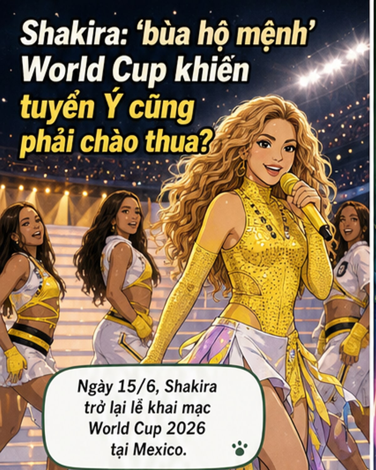 Shakira biểu diễn trên sân khấu lễ khai mạc World Cup 2026 với trang phục sôi động, nền nhạc rộn ràng và ánh sáng rực rỡ