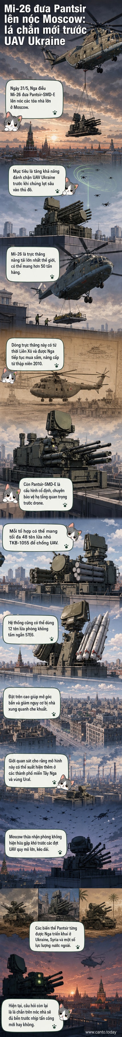Trực thăng Mi-26 đang vận chuyển hệ thống phòng không Pantsir-SMD-E lên nóc một tòa nhà cao tầng ở Moscow