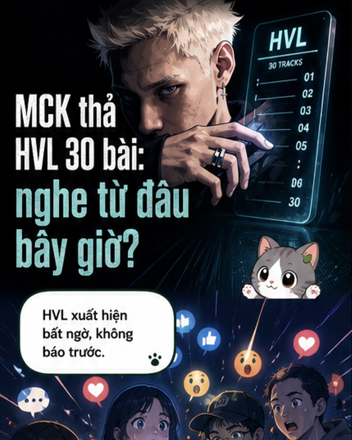 Ảnh minh họa MCK giữa bối cảnh âm nhạc đa sắc, xung quanh là 30 khung hình nhỏ đại diện cho các ca khúc trong album HVL