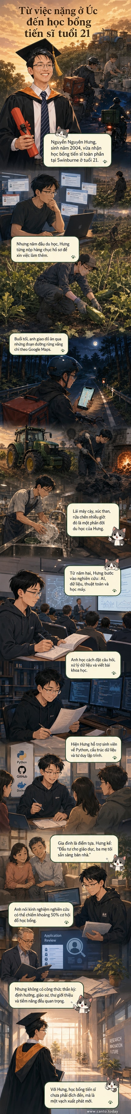Minh họa hành trình của Nguyễn Nguyên Hưng: từ làm việc chân tay ở nông trại, lò than đến giảng đường và phòng thí nghiệm AI tại Úc
