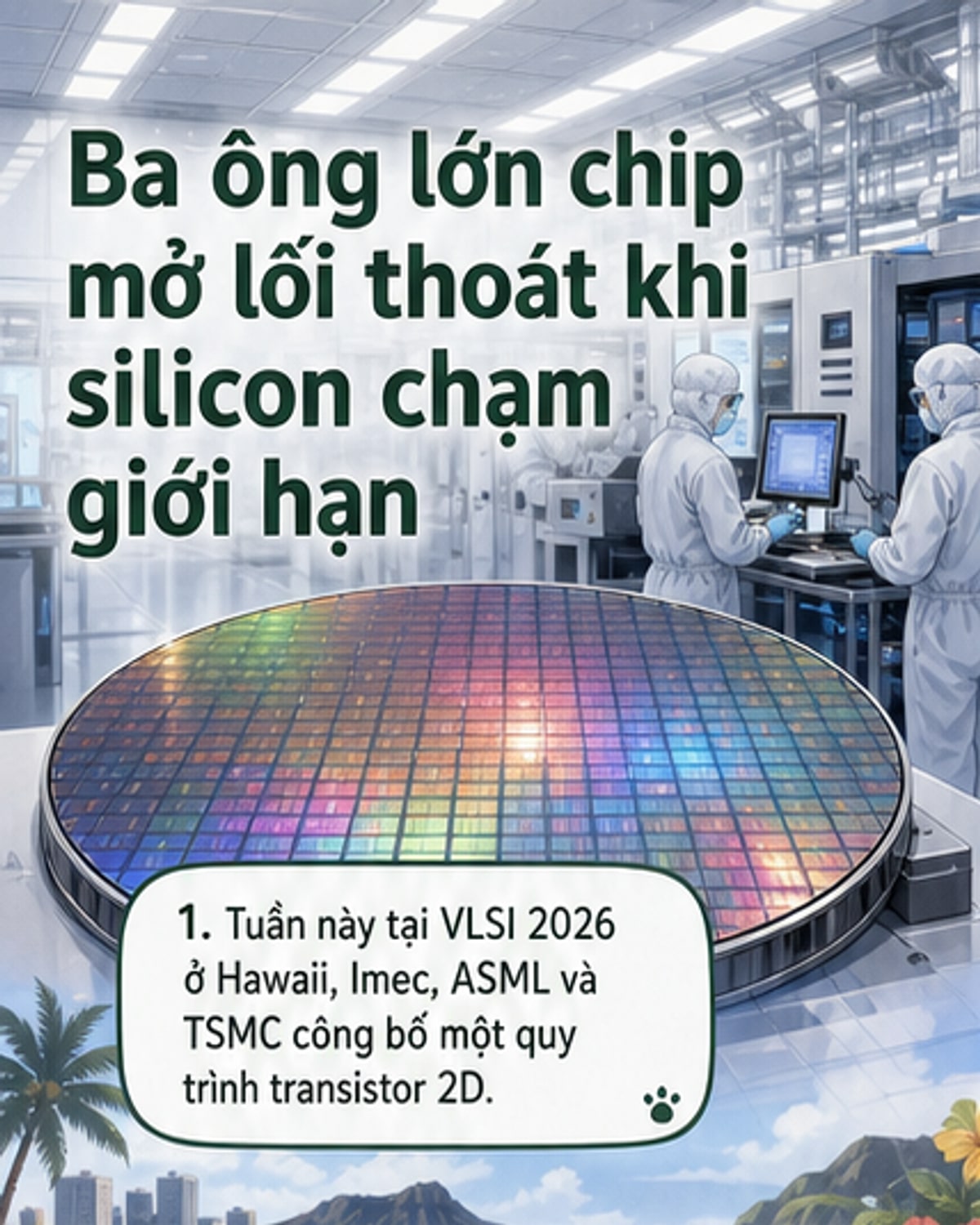 Minh họa ba công ty ASML, TSMC và Imec hợp tác phát triển transistor 2D trên nền wafer lớn, với hình ảnh vi mô của cấu trúc vật liệu hai chiều và chùm tia EUV