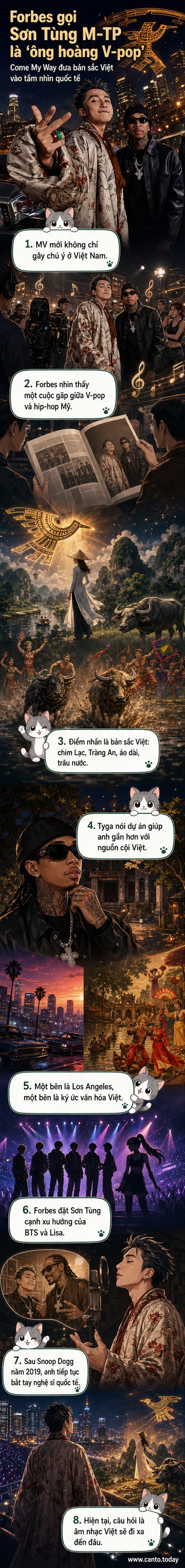 Ảnh minh họa Sơn Tùng M-TP và Tyga trong MV 'Come My Way', với hình ảnh chim Lạc và áo dài Việt Nam xuất hiện giữa thành phố Los Angeles.
